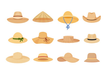 straw hats set. farmer agricultural worker, cartoon different shaped hats collection of gardener, headwear accessories. vector cartoon items collection.