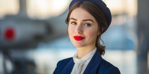 Flight attendant portrait. Aircrew. Beautiful young woman stewardess standing in airport terminal, aircraft on background. - 774753830