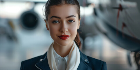 Flight attendant portrait. Stewardess in flight uniform stands in aircraft hangar. - 774753870