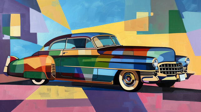 American vintage 1950s classic car in an abstract Cubist style painting for a poster or flyer, stock illustration image