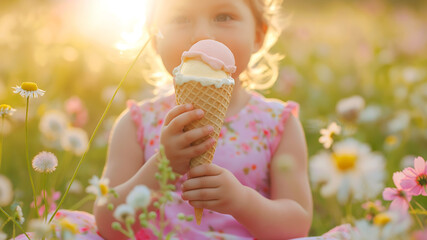 Childhood, happy summer moments concept. Little girl sitting in field of flowers and eating ice cream cone in summer. - 774754269