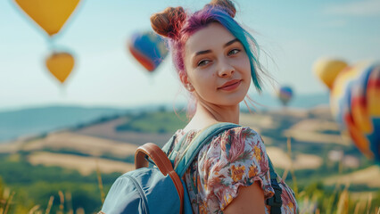 Summer active rest, adventure. Traveling gen z girl with coloured hair standing in front of hills with colourful aerostats in sky. - 774754436