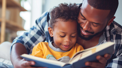 Affectionate father reading to son, joyful story time at home with copy space - obrazy, fototapety, plakaty