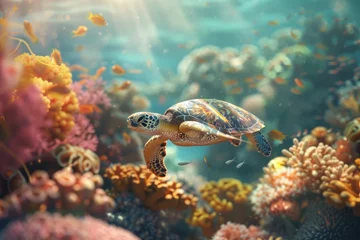 Poster Green sea turtle swimming on coral reef. Underwater world © MrHamster