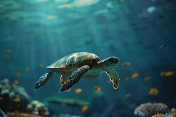 Obraz premium Green sea turtle swimming in coral reef. Underwater photo of marine life.