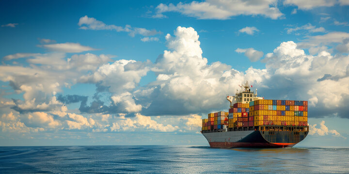 navire porte-conteneurs naviguant sur une mer calme sous un ciel nuageux