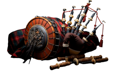 A man in a kilt rests on the ground beside a bagpipe, lost in the music he creates