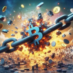 Cryptocurrency symbols burst from a chain, depicting a volatile reaction in the digital economy. The image captures the dynamic nature of virtual currencies in a vivid explosion. AI generation - obrazy, fototapety, plakaty