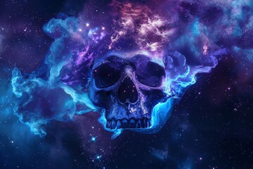 A skull floating in the cosmos, enveloped by a stunning nebula of cosmic dust and vibrant celestial colors, suggesting deep space exploration and mystery.