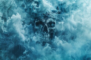 An eerie skull wearing a royal crown is shrouded in a hauntingly beautiful, frozen mist, evoking a sense of regal mystery and legend. - obrazy, fototapety, plakaty