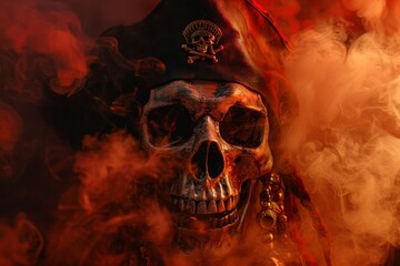 A pirate-themed human skull with earrings and a hat, shrouded in a mysterious red mist, evoking a haunting nautical legend. - obrazy, fototapety, plakaty