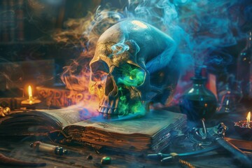 A skull emitting a spectral aura sits atop an ancient book, surrounded by candlelight and arcane objects, hinting at a scene of mystical rituals.