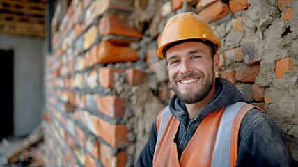 This portrait shows a happy bricklayer at a construction site. Content bricklayer donning a safety jacket and helmet.