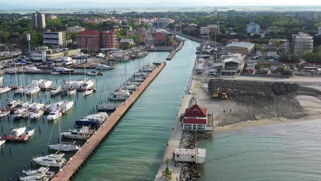 Aerial view of the canal port of Cervia. Cervia, Ravenna, Italy