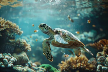 Naklejka na ściany i meble Green sea turtle swimming in coral reef. Underwater photo of marine life.