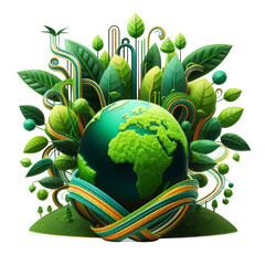 Leaves and Growing Plants surrounded by Green Earth. Save Green Planet Concept. Earth Day, ecology, nature, and environment conservation concept.
