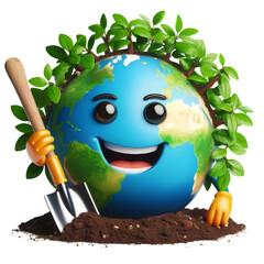 Growing Plants Green Earth with Smiling Face Emoji of the 3D Planet Icon. Plantation Save Soil Theme, Save Green Planet Concept. Earth Day, ecology, nature, and environment conservation concept. 