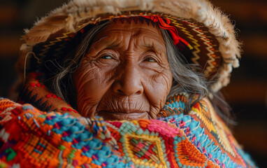 A woman with a colorful blanket draped over her shoulders and a hat on her head. She has a serious expression on her face