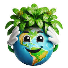 Growing Plants Green Earth with Smiling Face Emoji of 3D Planet Icon. Plantation Theme, Save Green Planet Concept. Earth Day, ecology, nature, and environment conservation concept. 