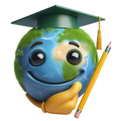 Educational Green Earth Icon. Cartoon Emoji with Smiling Planet Face. Wearing Academic Cap with Cute Expression. 3D little Character with Pencil, Back to School Concept.
