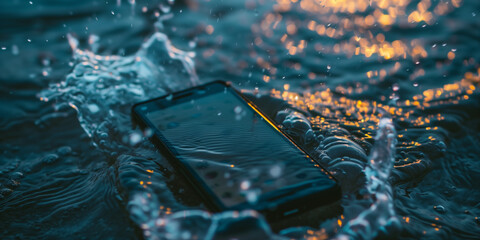 Splashproof water-resistant and waterproof smartphone under water graphic - obrazy, fototapety, plakaty