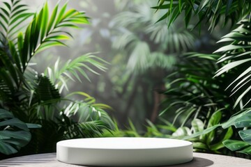 White round podium mockup on green eco forest fresh tropical leaves background