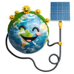 Renewable Green Energy and Innovation Solar Energy Icon. Green Earth Cartoon Emoji Planet with Sprout Smiling Face of 3D Planet Icon and Solar Panel.

