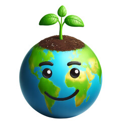 Green Emoji Planet Earth with Sprout Smiling Face Emoji of the 3D Planet Icon. Plantation Save Soil Theme, Save Green Planet Concept. Earth Day, ecology, nature, and environment conservation concept. 