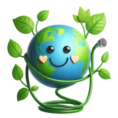 Green Earth Cartoon Emoji Planet with Sprout Smiling Face of 3D Planet Icon. Plantation Theme, Save Green Planet Concept. Earth Day, ecology, nature, and environment conservation concept. 