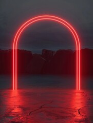 Red neon arch in a dark mountainous landscape - An enigmatic and moody image featuring a glowing red neon arch against a backdrop of dark, brooding mountains