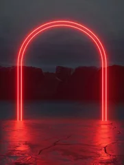 Tuinposter Red neon arch in a dark mountainous landscape - An enigmatic and moody image featuring a glowing red neon arch against a backdrop of dark, brooding mountains © Tida