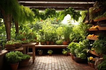 Fototapeta na wymiar Aromatic Herbs Kitchen Garden: Urban Jungle Patio Designs for Fresh Produce
