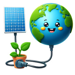 Renewable Green Energy and Innovation Solar Energy Icon. Green Earth Cartoon Emoji Planet with Sprout Smiling Face of 3D Planet Icon and Solar Panel.