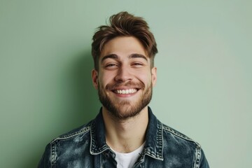 Portrait of a handsome young man smiling against a green background. - obrazy, fototapety, plakaty
