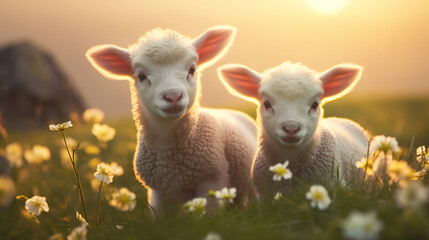 cute lambs on a lush meadow at sunrise