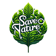 Eco-friendly symbol. Save Nature Stop Deforestation with text Save life, Save Nature on Geen Leaves. Green Planet Concept. Earth Day, ecology, nature, and Environment Plantation concept
