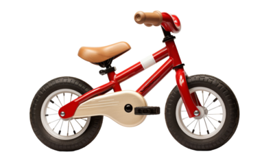 A vintage red and white bicycle with a charming wooden seat