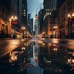 Reflection of city lights on a rainy street. 