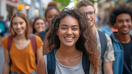 Fototapeta premium Happy, multicultural group of youths strolling across the city
