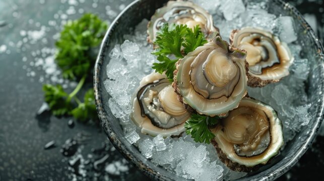Abalone sasami, large pieces, food ingredients, delicious, ice bowl, top view