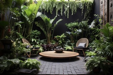 Fototapeta na wymiar Urban Jungle Patio Designs: Tranquil Vibes with Zen Garden and Meditation Space