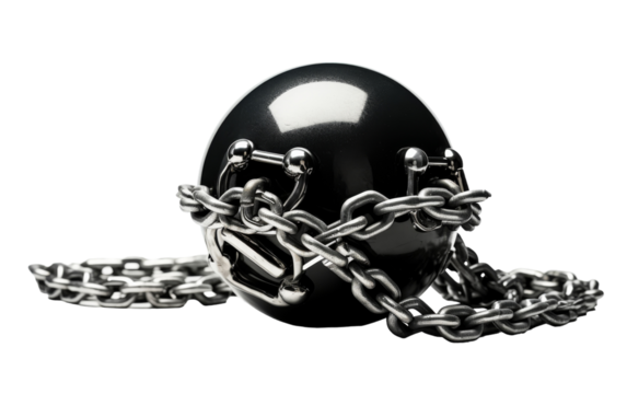 A silver ball and chain resting on a white background, symbolizing constraint and limitation