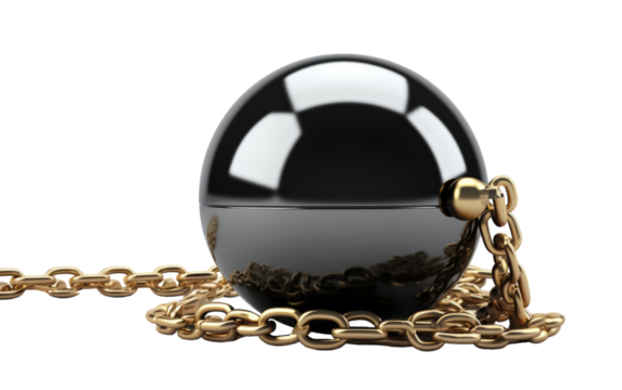 A black and white ball and chain intertwined on a white background