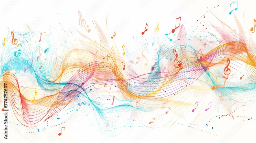 Poster whimsical music notes dancing on a light backdrop - soft tones blend with musical symbols, creating 