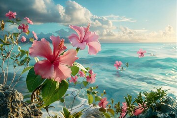 Tropical Hibiscus Flowers Overlooking Ocean