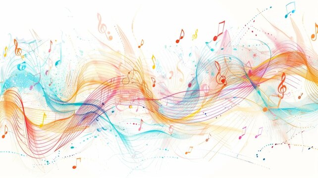 Whimsical music notes dancing on a light backdrop - Soft tones blend with musical symbols, creating a delicate dance of notes across a canvas of pastel hues and flowing lines