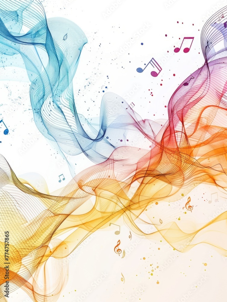Poster vibrant abstract design with music notes and waves - the design features a blend of colorful waves a