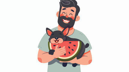 Man holding french bulldog dog that is eating watermelon