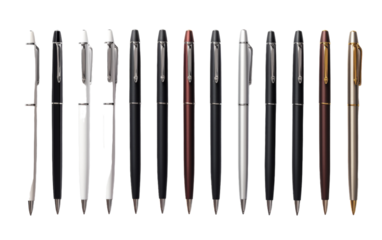 Assorted pens of various colors and styles are arranged in a colorful, harmonious display