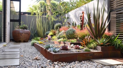 Obraz premium Lush Garden With Abundant Plants and Rocks